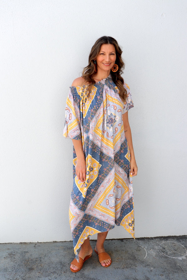 Freedom On/Off Shoulder Kaftan in Island Yellow/Grey