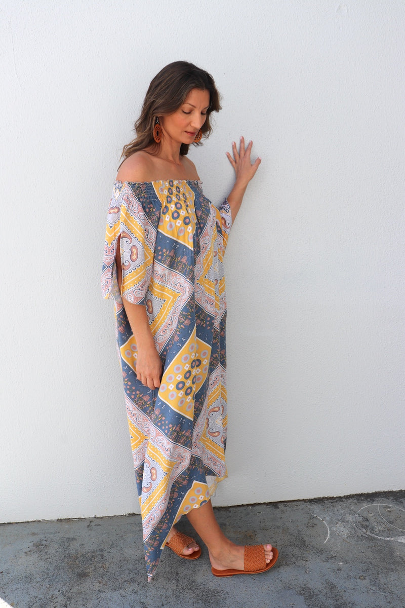 Freedom On/Off Shoulder Kaftan in Island Yellow/Grey