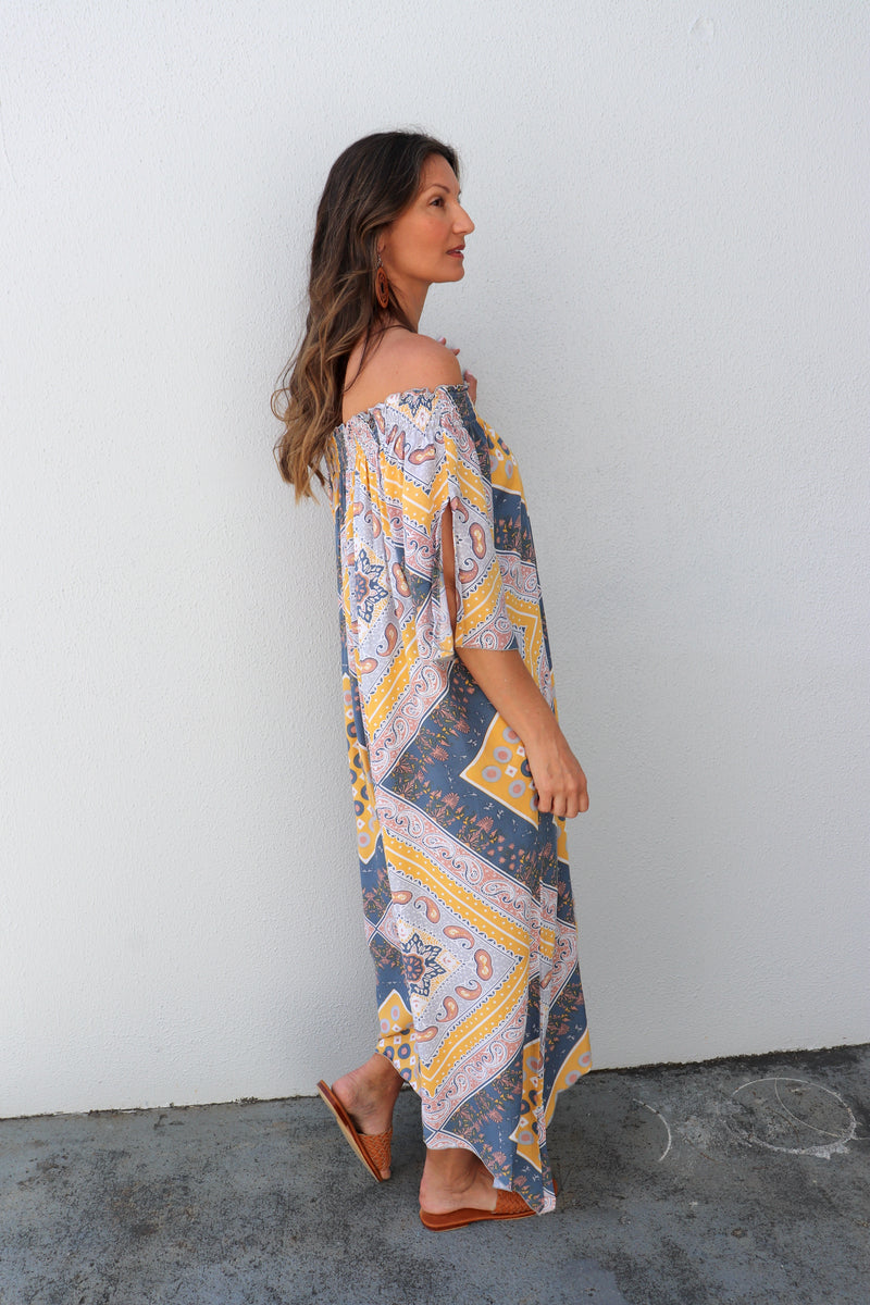 Freedom On/Off Shoulder Kaftan in Island Yellow/Grey