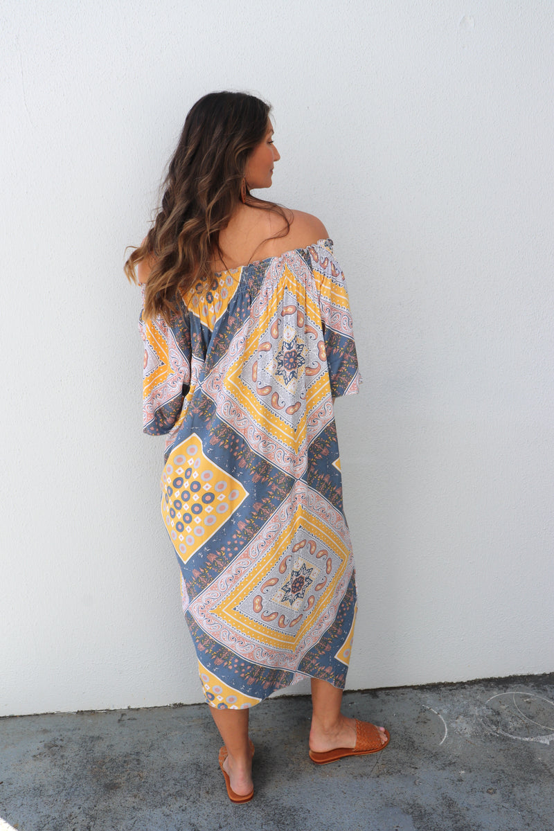 Freedom On/Off Shoulder Kaftan in Island Yellow/Grey