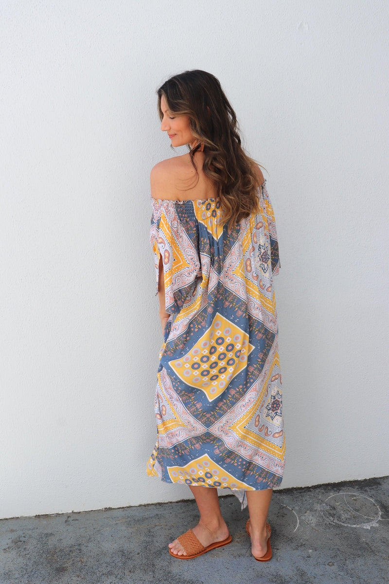 Freedom On/Off Shoulder Kaftan in Island Yellow/Grey