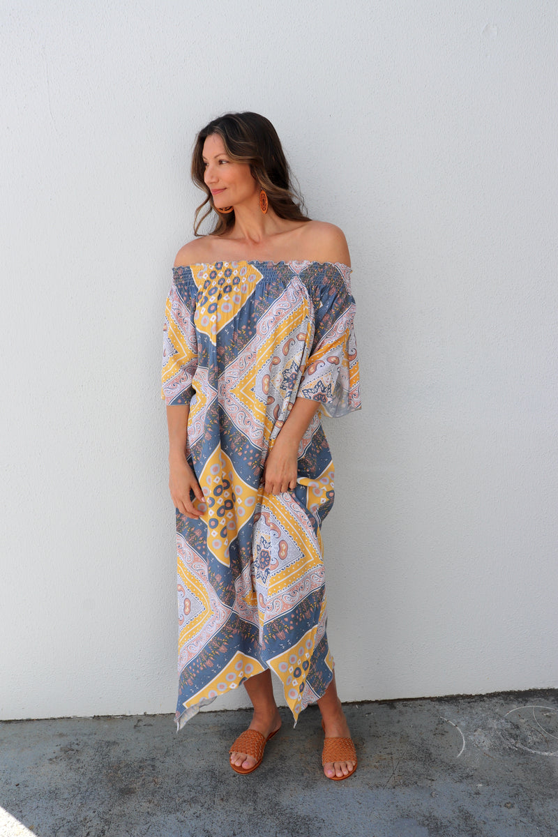 Freedom On/Off Shoulder Kaftan in Island Yellow/Grey