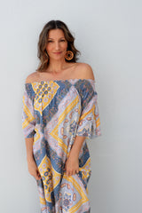 Freedom On/Off Shoulder Kaftan in Island Yellow/Grey