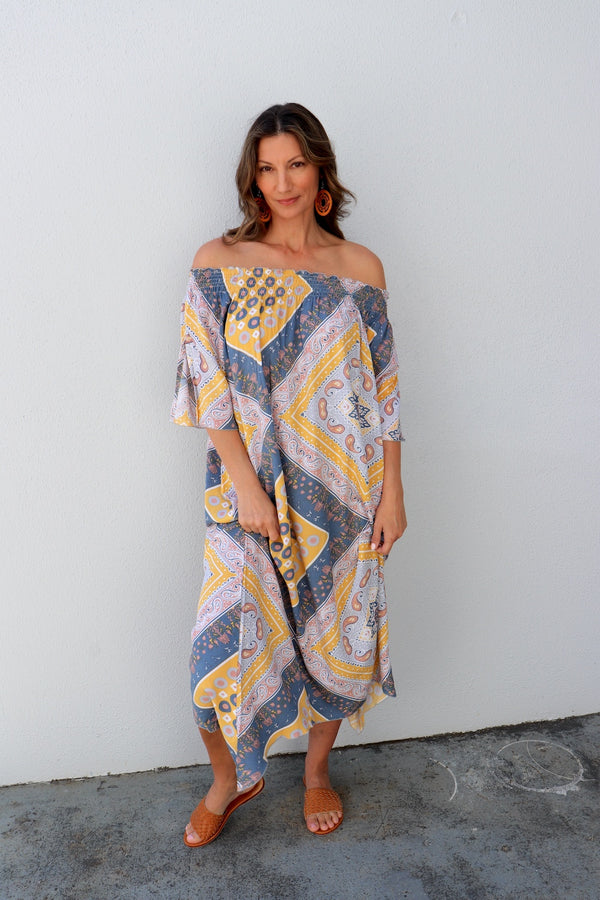 Freedom On/Off Shoulder Kaftan in Island Yellow/Grey