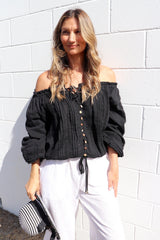 Coastal Cotton Long Sleeve Top - Black