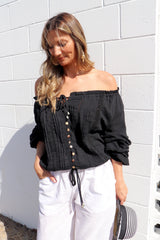 Coastal Cotton Long Sleeve Top - Black