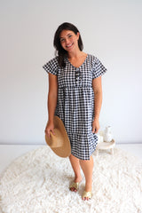 Baby Doll Button Up Dress In Cotton Gingham Black & White
