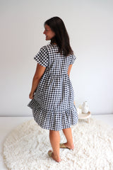 Baby Doll Button Up Dress In Cotton Gingham Black & White
