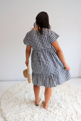 Baby Doll Button Up Dress In Cotton Gingham Black & White