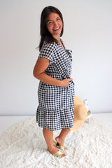 Baby Doll Button Up Dress In Cotton Gingham Black & White