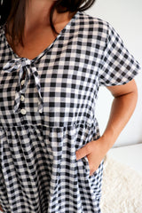 Baby Doll Button Up Dress In Cotton Gingham Black & White
