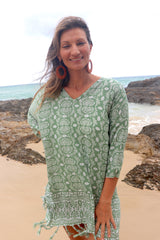 Short Kaftan With Tassels In Sage