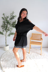 Short Grecian Dress In Black Embroidery
