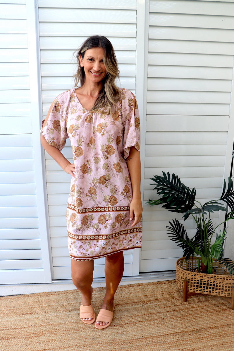 Getaway Short Sleeve Short Dress In Pink Earth Rose