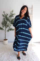 Long Kaftan in Navy Tie Dye