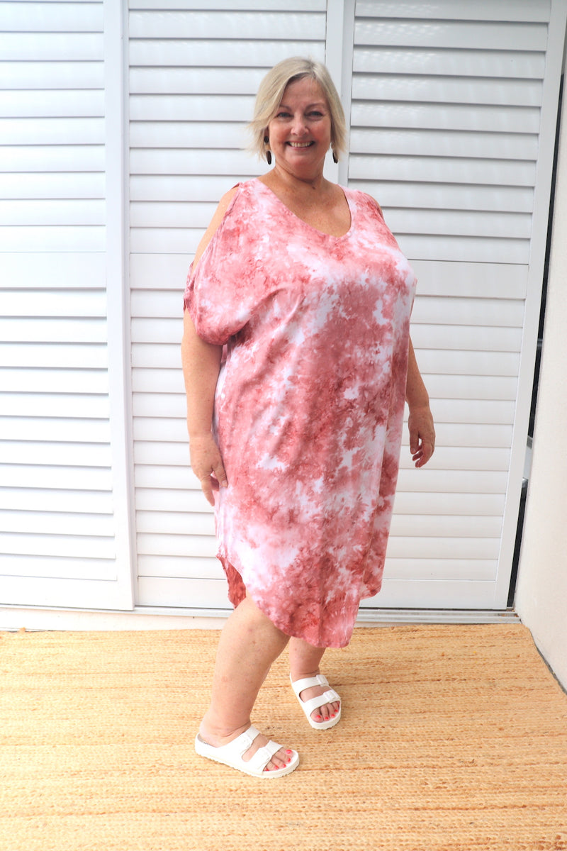 Cold Shoulder Dress In Pink Splash