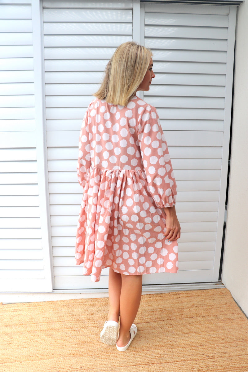 Long Sleeve Baby Doll Cotton Dress in Dots