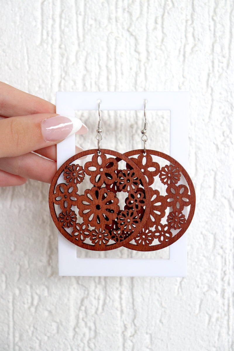 Round Flower Power Wood Earrings