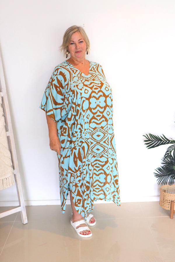 Long Kaftan - Blue/Taupe