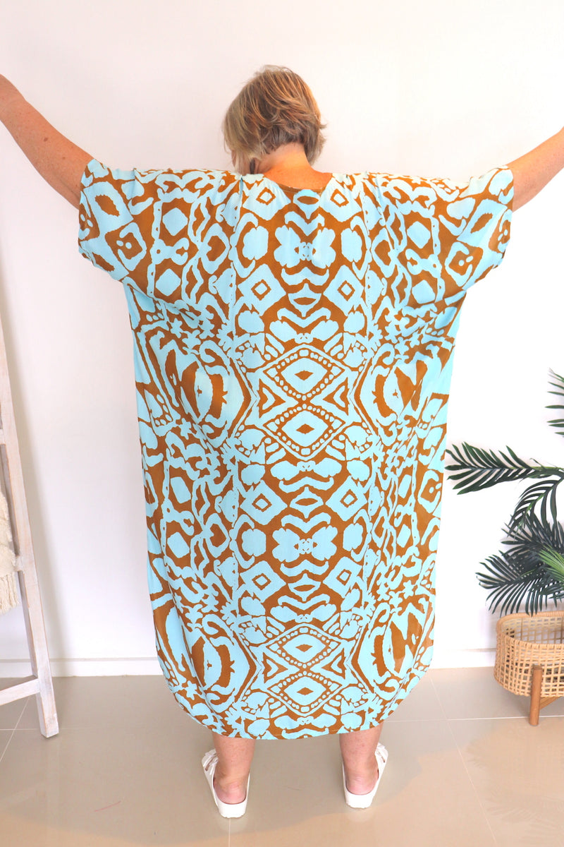 Long Kaftan - Blue/Taupe