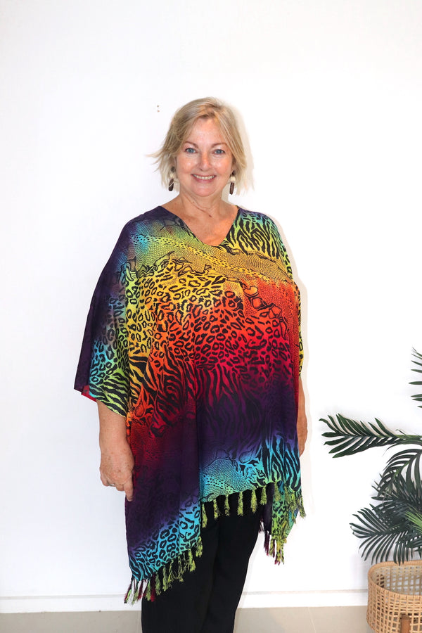 Short Kaftan With Tassels In Rainbow Animal