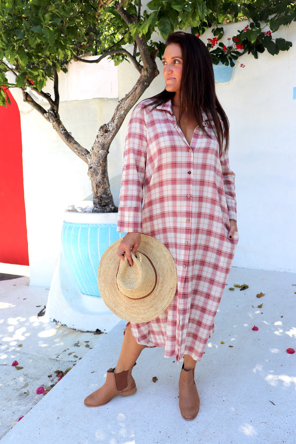 Long Shirt Dress in Red Check