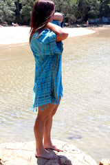 Short Kaftan With Tassels In Bright Blue Tie Dye