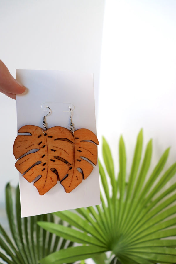 Wood Leaf Boho Earrings in Tan