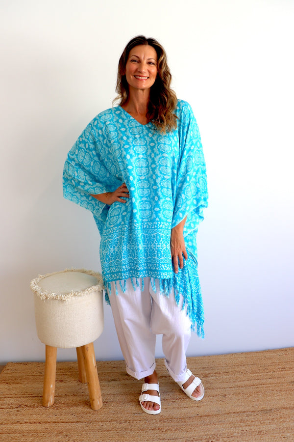 Short Kaftan With Tassels In Sky Blue