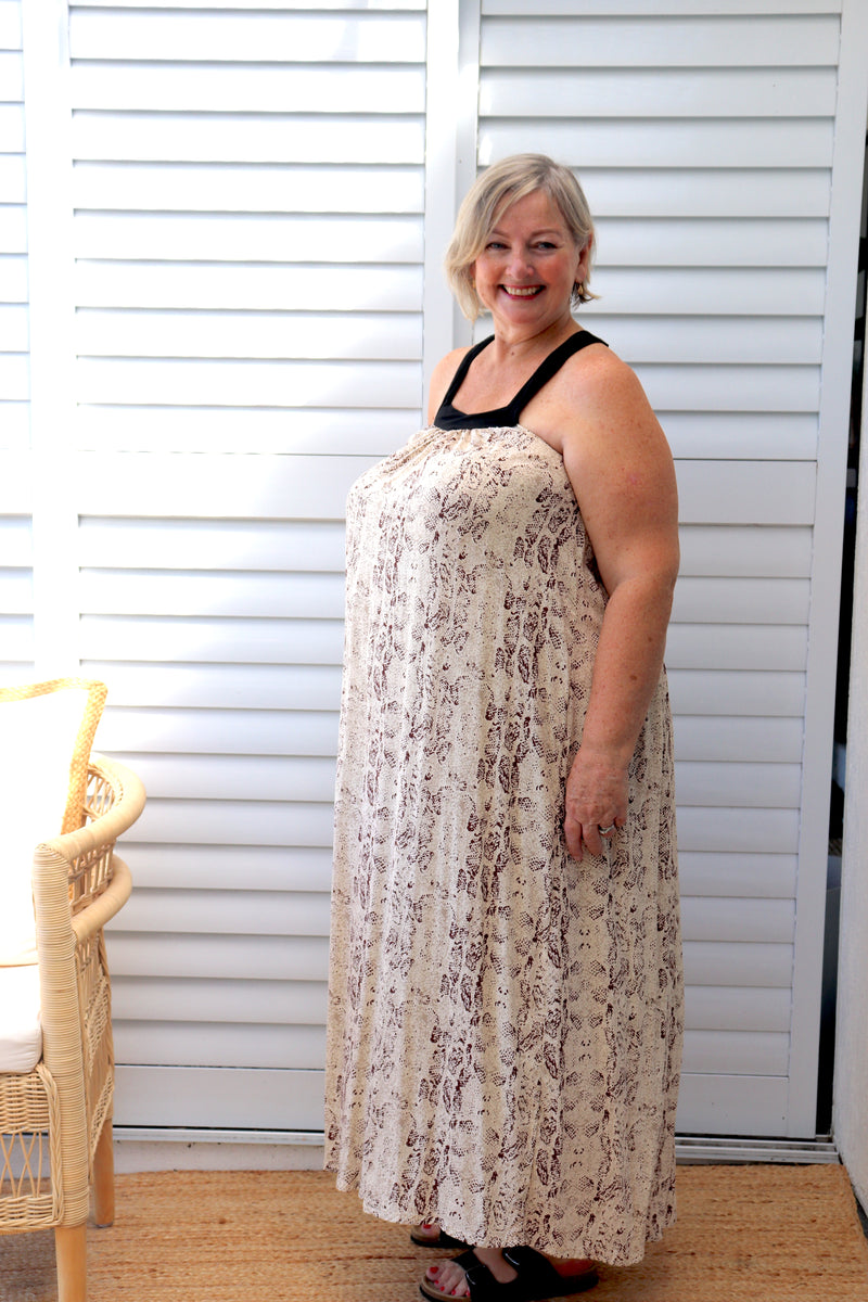 T Bar Maxi Dress In Taupe Snakeskin