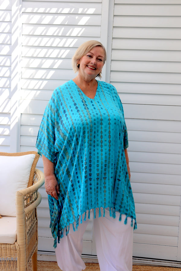 Short Kaftan With Tassels In Bright Blue Tie Dye