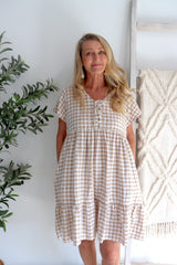 Baby Doll Button Up Dress In Cotton Gingham Taupe