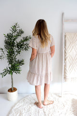 Baby Doll Button Up Dress In Cotton Gingham Taupe