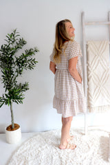 Baby Doll Button Up Dress In Cotton Gingham Taupe