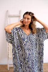Long Kaftan In Zebra Navy