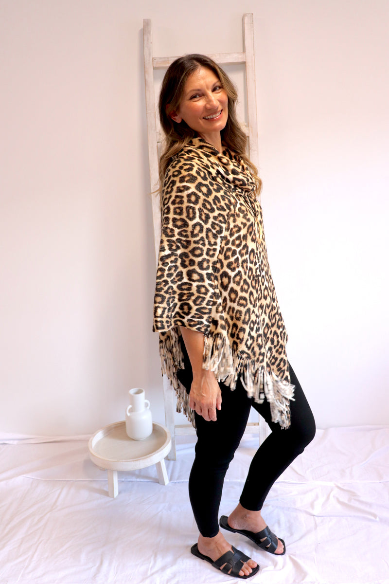 Snow Leopard Poncho with Tassels