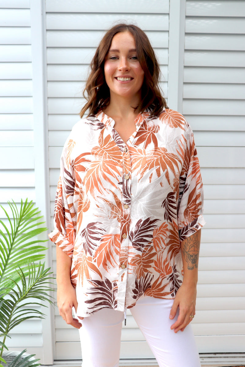 Leaves Button Back Bishop Sleeve Top