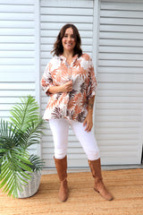 Leaves Button Back Bishop Sleeve Top