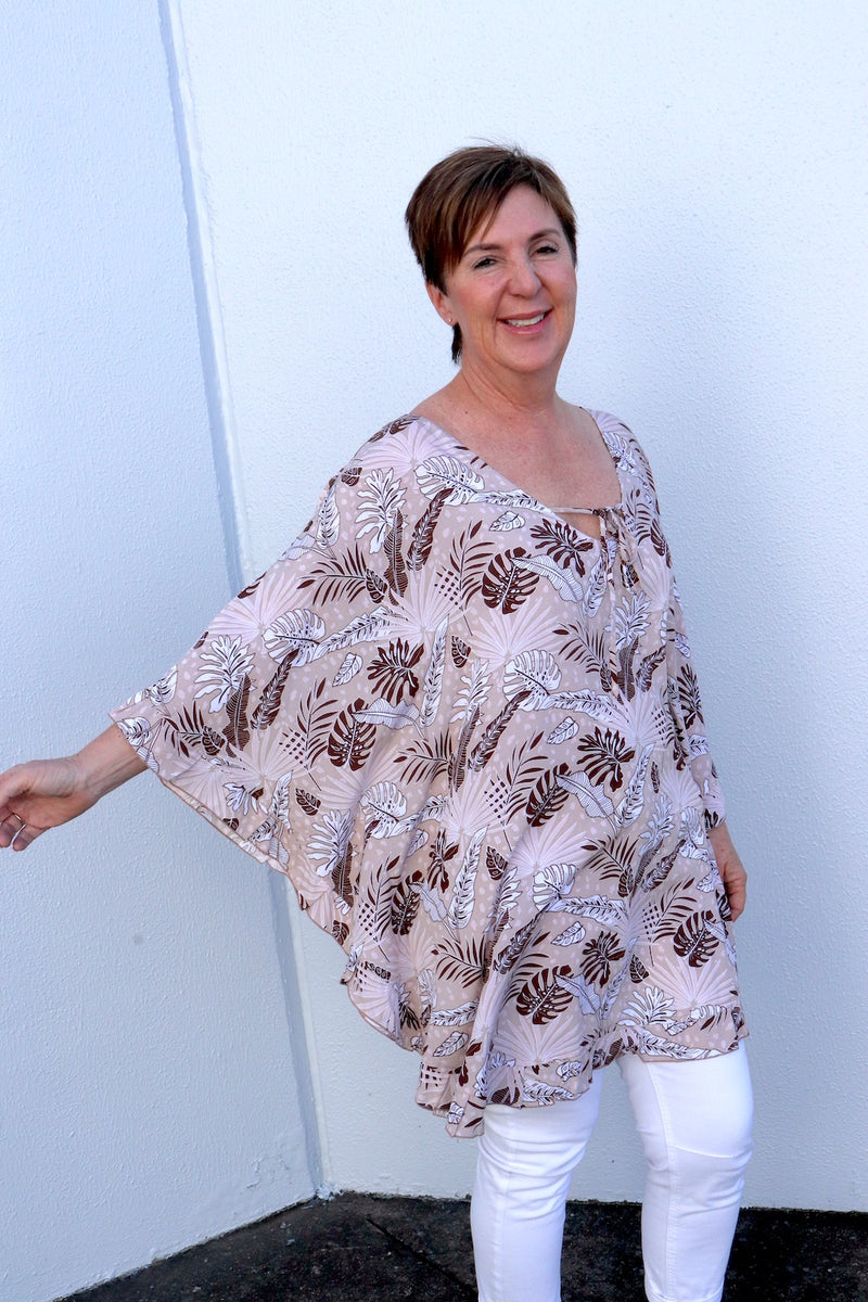 Set Free Batwing Top/Dress In Choc Leaf