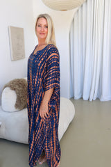 Long Kaftan In Choc Navy Tie Dye