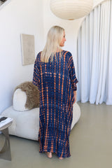 Long Kaftan In Choc Navy Tie Dye