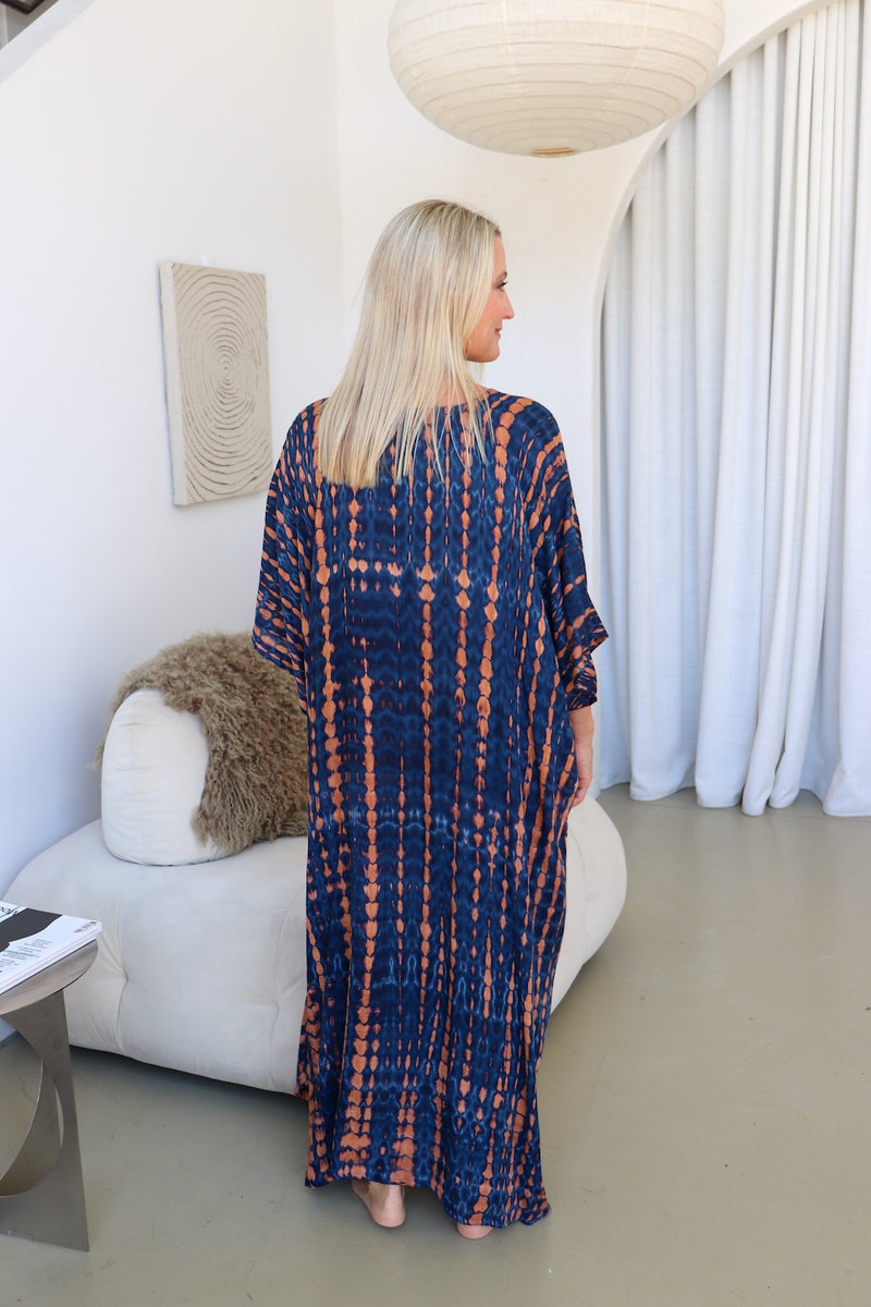 Long Kaftan In Choc Navy Tie Dye