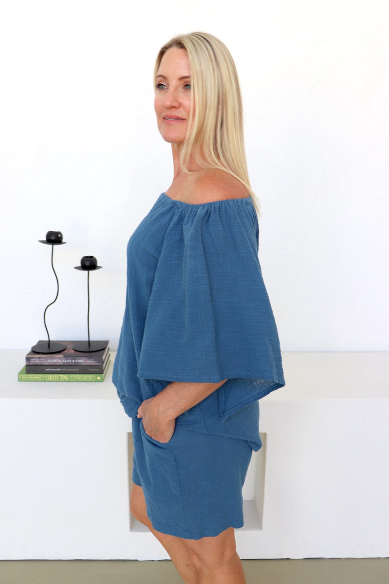 Cotton Wing On Or Off the Shoulders Top in Blue Stone