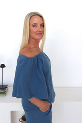 Cotton Wing On Or Off the Shoulders Top in Blue Stone