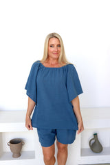 Cotton Wing On Or Off the Shoulders Top in Blue Stone