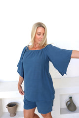 Cotton Wing On Or Off the Shoulders Top in Blue Stone
