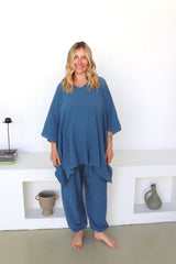Cotton Short Kaftan in Blue Stone