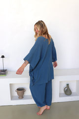 Cotton Short Kaftan in Blue Stone