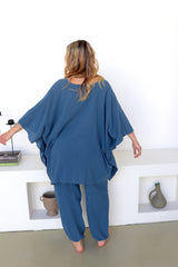 Cotton Short Kaftan in Blue Stone