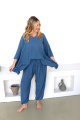 Cotton Short Kaftan in Blue Stone